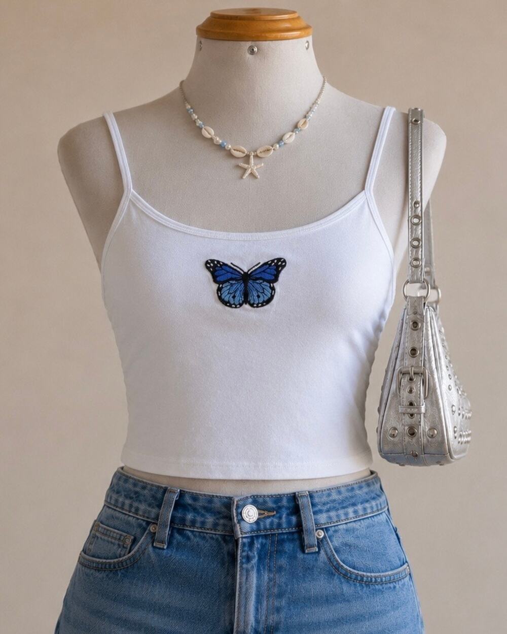 Brandy Melville Spaghetti Strap Tank Top Women’s White Butterfly Whimsical